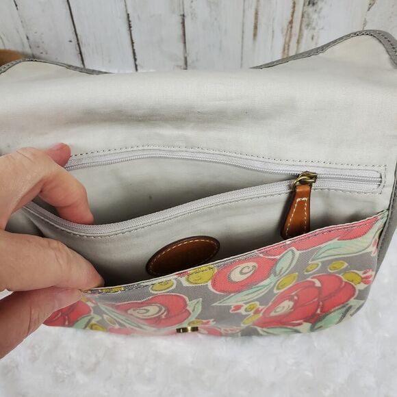 Fossil Floral Oil Cloth Crossbody Bag Purse Pink Gray - Picture 6 of 11